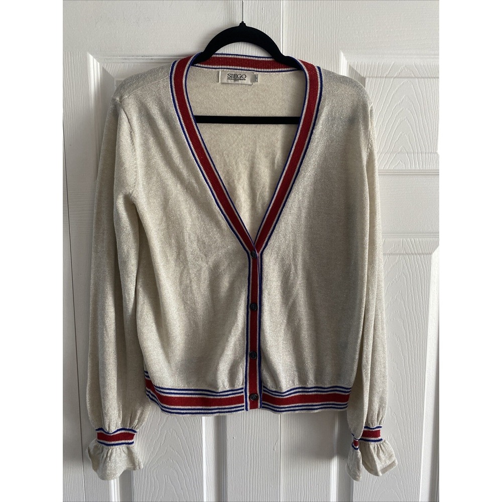 SIEGO Metallic Striped Ruffle Cuff Cardigan Womens Size‎ M Champagne Gold Knit